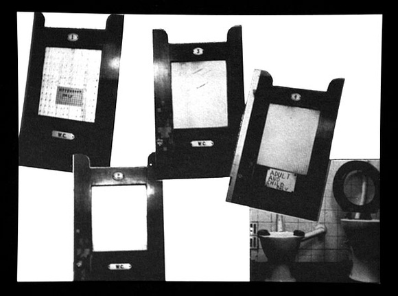 Artist: b'UNKNOWN' | Title: b'not titled [four toilet doors and one toilet]: [recto].' | Date: (1980) | Technique: b'offset-lithograph, printed in black ink'