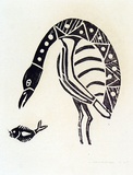 Artist: b'Puruntatameri, Patrick.' | Title: b'Bird and fish' | Date: 1971 | Technique: b'woodcut, printed in black ink, from one block'