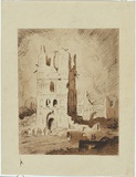 Artist: b'Lindsay, Daryl.' | Title: b'(Bombed church).' | Date: c.1920 | Technique: b'etching, printed in brown ink, from one plate; hand-coloured'