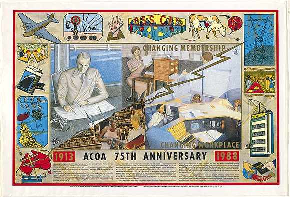 Artist: b'REDBACK GRAPHIX' | Title: b'ACOA 75th anniversary - Changing membership, changing workplace' | Date: 1988 | Technique: b'screenprint, printed in colour, from five stencils' | Copyright: b'\xc2\xa9 Michael Callaghan'