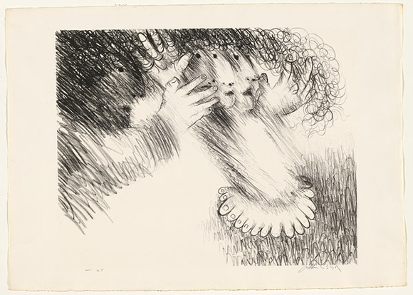 Artist: b'BOYD, Arthur' | Title: b'St Francis turning Brother Masseo.' | Date: (1965) | Technique: b'lithograph, printed in black ink, from one plate' | Copyright: b'Reproduced with permission of Bundanon Trust'