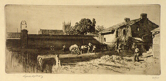 Artist: b'LINDSAY, Lionel' | Title: bDemolition of the Girls' High School, Sydney. | Date: 1924 | Technique: b'etching and aquatint, printed in brown ink with plate-tone, from one plate' | Copyright: b'Courtesy of the National Library of Australia'