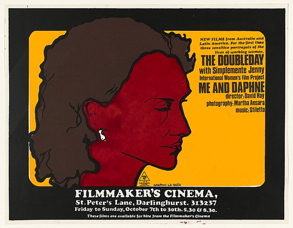 Artist: b'EARTHWORKS POSTER COLLECTIVE' | Title: bThe Doubleday [and] Me & Daphne; Filmmaker's Cinema. [English] | Date: 1977 | Technique: b'screenprint, printed in colour, from three stencils'