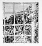 Artist: Rooney, Elizabeth. | Title: (Padlocked gate) | Date: 1975 | Technique: etching, printed in black ink with plate-tone, from one copper plate