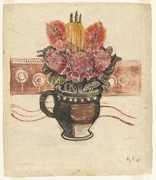 Artist: b'PRESTON, Margaret' | Title: b'Waratah etc..' | Date: 1943 | Technique: b'woodcut, printed in colour, from one masonite block' | Copyright: b'\xc2\xa9 Margaret Preston. Licensed by VISCOPY, Australia'