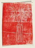 Title: Card: [vase of bamboo] | Technique: linocut, printed in red ink, from one block