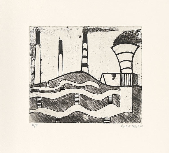 Artist: Bray, Vincent. | Title: not titled [mining landscape] | Date: 2001 | Technique: etching, printed in black ink, from one plate