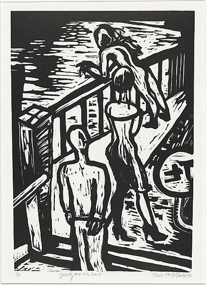 Artist: b'Brusey, Anne-Louise.' | Title: b'Seeing our own views.' | Date: 1996 | Technique: b'linocut, printed in black ink, from one block'