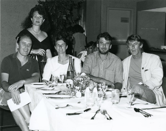 Title: b'Paul Worstead, Julie Ewington, Helen Ennis. Roger Butler, Peter Powditch, at the opening of Prints and printmaking: Pre-settlement to present. Canberra: National Gallery of Australia, 18 February 1988.'