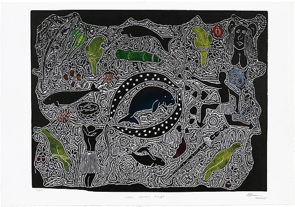 Artist: b'Bosun, David.' | Title: b'Gelan Nguzu Kazi.' | Date: 2001 | Technique: b'linocut, printed in colour, from one block'