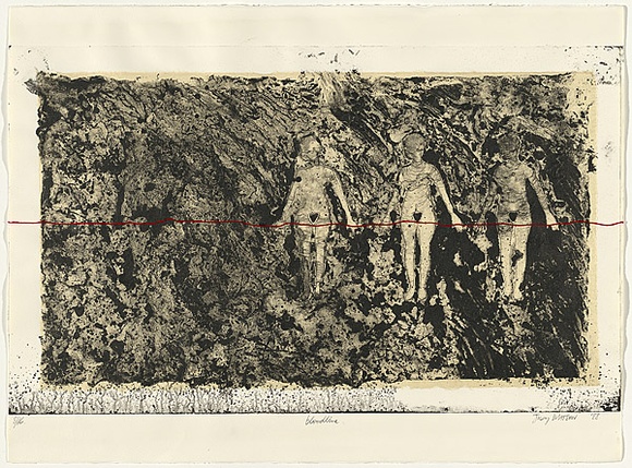 Artist: b'Watson, Judy.' | Title: b'bloodline' | Date: 1988 | Technique: b'lithograph, printed in black ink, from one stone; collage of red cotton'