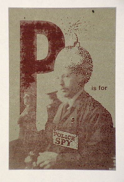 Title: Postcard: P is for police spy | Technique: screenprint, printed in brown ink, from one stencil