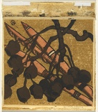 Artist: b'OGILVIE, Helen' | Title: b'not titled [Aboriginal weapons, and gum nuts on branch].' | Date: c.1940 | Technique: b'linocut, printed in colour, from multiple blocks'