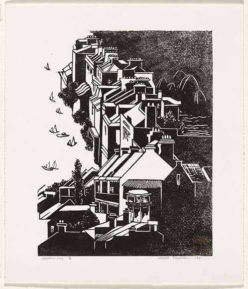 Artist: b'Thorpe, Lesbia.' | Title: b'Harbour view' | Date: 1991 | Technique: b'linocut, printed in black ink, from one block'