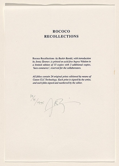 Title: b'Rococo Recollections [justification page]' | Date: 1995 | Technique: b'electrostatic print'