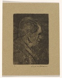 Artist: b'WILLIAMS, Fred' | Title: b'Selwyn Tebbutt in profile' | Date: 1955-56 | Technique: b'etching, aquatint and engraving, printed in black ink, from one copper plate' | Copyright: b'\xc2\xa9 Fred Williams Estate'