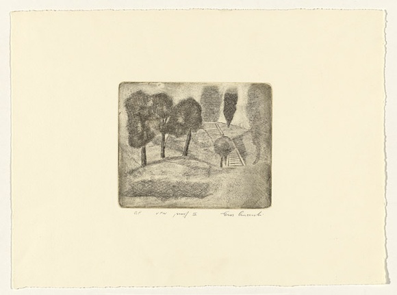 Artist: b'Anceschi, Eros.' | Title: b'not titled [suburban park - stairs and trees]' | Date: 1986, April | Technique: b'etching, printed in dark brown ink, from one plate'