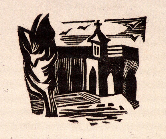 Artist: b'Barwell, Geoff.' | Title: b'(The Cloisters).' | Date: (1955) | Technique: b'linocut, printed in black ink, from one block'