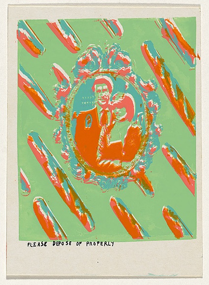 Artist: b'Megalo Screenprinting Collective.' | Title: b'Please depose of properly' | Date: 1981 | Technique: b'screenprint, printed in colour, from four stencils'