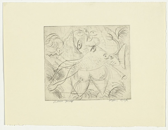 Artist: b'BOYD, Arthur' | Title: b'Figure with eyes and ram.' | Date: (1962-63) | Technique: b'drypoint, printed in black ink, from one plate' | Copyright: b'Reproduced with permission of Bundanon Trust'