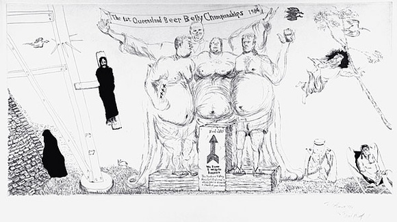 Artist: b'COLEING, Tony' | Title: b'The first Queensland beer belly championships 1984.' | Date: 1984 | Technique: b'etching and aquatint'