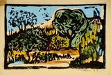 Artist: b'Taylor, John H.' | Title: b'Coloured landscape' | Date: 1967 | Technique: b'linocut, printed in black and grey ink, from two blocks; additional hand-colouring'