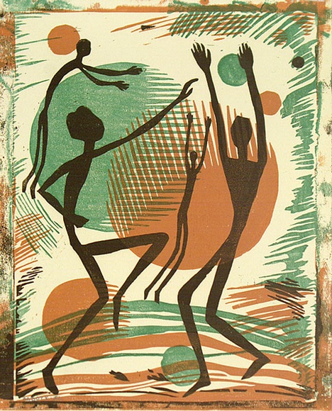 Artist: Abbott, Harold. | Title: Ball game.. | Date: 1952 | Technique: linocut, printed in colour, from three blocks