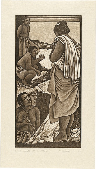 Artist: b'White, Robin.' | Title: b'Antai ae e mate?' | Date: 1995 | Technique: b'woodcut, printed in sepia ink, from two blocks'