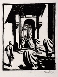 Artist: b'Hawkins, Weaver.' | Title: b'not titled [figures near entrance to temple?].' | Date: c.1930 | Technique: b'woodcut, printed in black ink, from one block' | Copyright: b'The Estate of H.F Weaver Hawkins'