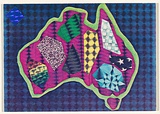 Artist: b'McDiarmid, David.' | Title: b'Postcard (Australia on dark blue background)' | Date: 1985 | Technique: b'screenprint, printed in colour, from multiple stencils; collage' | Copyright: b'Courtesy of copyright owner, Merlene Gibson (sister)'