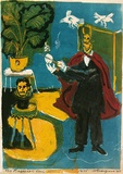 Artist: b'ROSENGRAVE, Harry' | Title: b'The magician' | Date: 1952 | Technique: b'linocut, printed in colour from two blocks; hand-coloured'