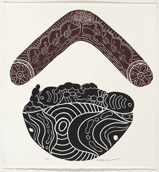 Artist: b'Cullinan, Valerie.' | Title: b'not titled [honey ants and witchety grubs in bowl with boomerang]' | Date: 1997 | Technique: b'linocut, printed in brown and black inks, from two blocks'