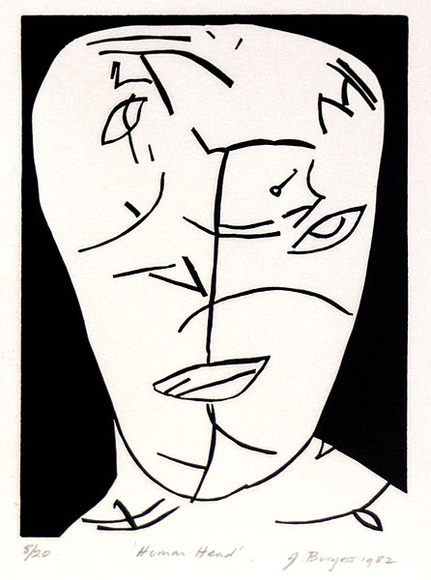 Artist: b'Burgess, Jeff.' | Title: b'Human head.' | Date: 1982 | Technique: b'linocut, printed in black ink, from one block'