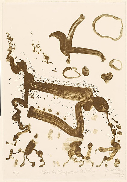 Artist: b'Olsen, John.' | Title: b'Birds and kangaroo on the Darling' | Date: 1979 | Technique: b'lithograph, printed in colour, from three plates' | Copyright: b'\xc2\xa9 John Olsen. Licensed by VISCOPY, Australia'