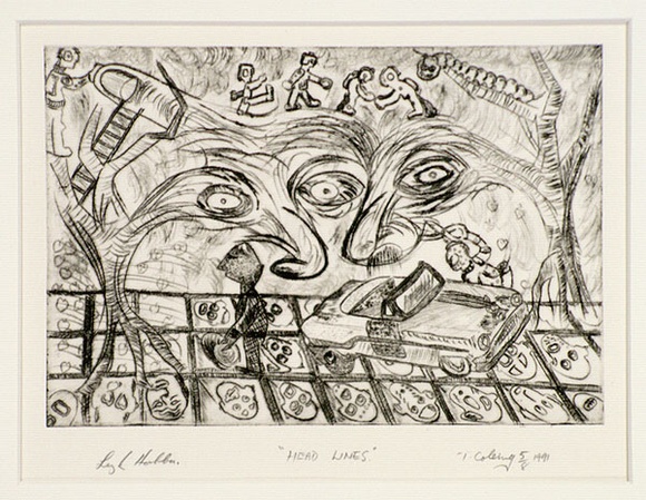 Artist: b'Hobba, Leigh.' | Title: b'HEAD LINES.' | Date: 1991 | Technique: b'drypoint, printed in black ink, from one plate'