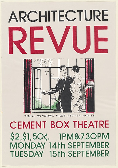 Artist: b'UNKNOWN (UNIVERSITY OF QUEENSLAND STUDENT WORKSHOP)' | Title: b'Architecture Review: Cement Box Theatre' | Date: 1981 | Technique: b'screenprint, printed in colour, from multiple stencils'