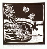 Artist: Wallace-Crabbe, Robin. | Title: not titled [I sightless head ... avec chough spirits]. | Date: 1979 | Technique: linocut, printed in brown ink, from one block | Copyright: © Robin Wallace-Crabbe, Licensed by VISCOPY, Australia