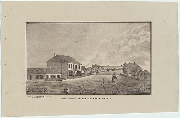 Title: b'Wellington Bridge, Elizabeth street.' | Date: 1833 | Technique: b'lithograph, printed in black ink, from one stone'