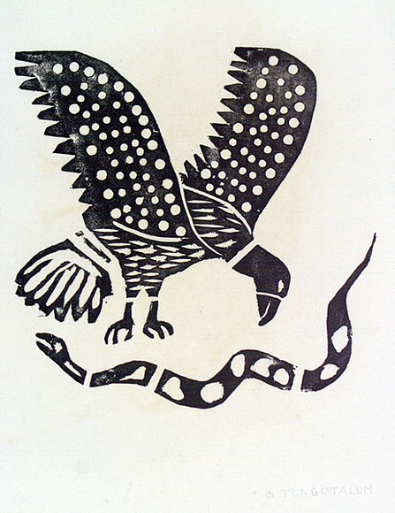 Artist: b'TUNGUTALUM, Bede' | Title: b'Eagle and snake' | Date: 1970 | Technique: b'woodcut, printed in black ink, from one block'