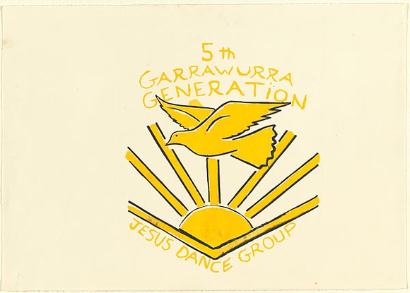 Artist: Artist unknown | Title: 5th Garrawurra Generation Jesus Dance Group | Date: c.1992 | Technique: screenprint, printed in colour, from two stencils
