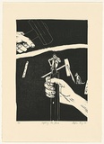 Title: Sighting the fence | Date: 1988 | Technique: linocut, printed in black ink, from one block