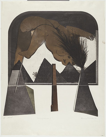 Artist: b'BALDESSIN, George' | Title: b'Personage and window II.' | Date: 1972 | Technique: b'etching and aquatint, printed in black ink, from four shaped plates; over stencil, printed in colour ink, from five stencils.'