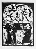 Artist: b'Allen, Joyce.' | Title: b'(Wizard Agonis protecting Pai Korri and Winnie from Wizard Lambertia) (Illustration 7).' | Date: 1987 | Technique: b'linocut, printed in black ink, from one block'