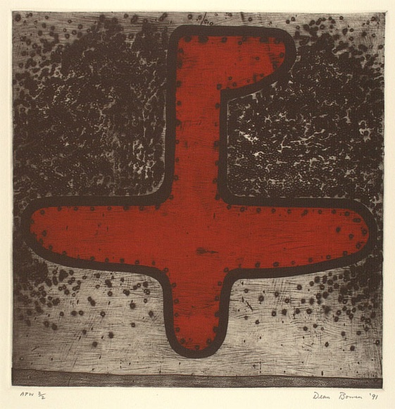 Artist: b'Bowen, Dean.' | Title: b'not tiled [red aeroplane]' | Date: 1991 | Technique: b'etching, printed in red and black ink, from two plates'