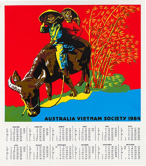 Artist: b'REDBACK GRAPHIX' | Title: b'Calendar: Australia Vietnam Society 1984' | Date: 1983 | Technique: b'screenprint, printed in colour, from five stencils' | Copyright: b'\xc2\xa9 Marie McMahon. Licensed by VISCOPY, Australia'