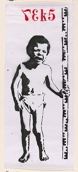 Artist: b'Reks.' | Title: b'not titled [crying boy with measuring stick].' | Date: 2004 | Technique: b'stencil, printed in colour, from multiple stencils'