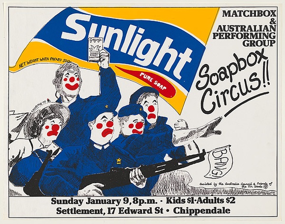 Artist: b'MACKINOLTY, Chips' | Title: b'Sunlight - Soapbox Circus.' | Date: 1977 | Technique: b'screenprint, printed in colour, from four stencils,'