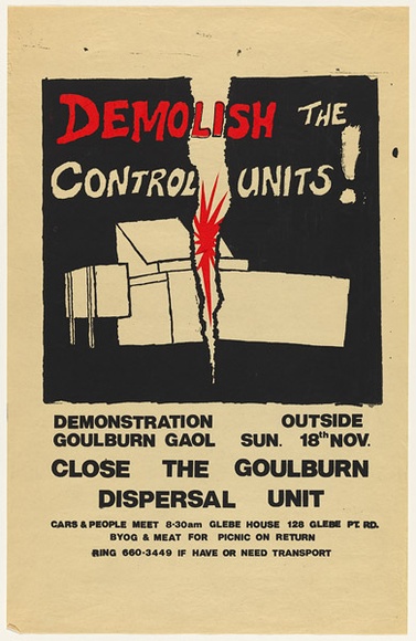 Artist: b'UNKNOWN' | Title: b'Demolish the control units!' | Date: 1979 | Technique: b'screenprint, printed in colour, from multiple stencils'