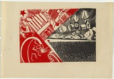 Artist: b'UNKNOWN, WORKER ARTISTS, SYDNEY, NSW' | Title: b'Not titled (smokestacks and church).' | Date: 1933 | Technique: b'linocut, printed in colour, from two blocks (black and red)'