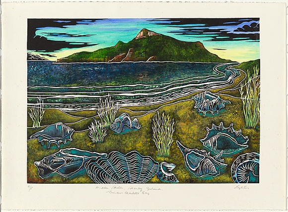 Title: b'Midden shells, Stanley Island, Princess Charlotte bay' | Technique: b'linocut, printed in black ink from one block; hand-coloured'
